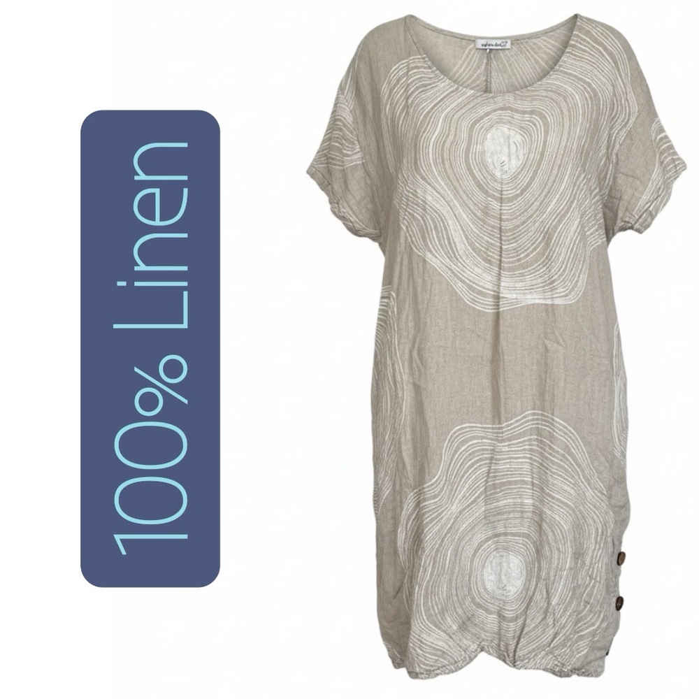 100% Italian Made Linen Shift Dress Woodland Tree Ring Pockets Fairy Natural - Picture 2 of 10